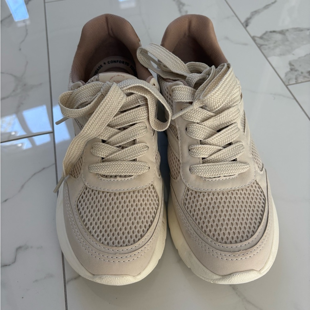 Taupe and Cream Lace-Up Athletic Sneakers
